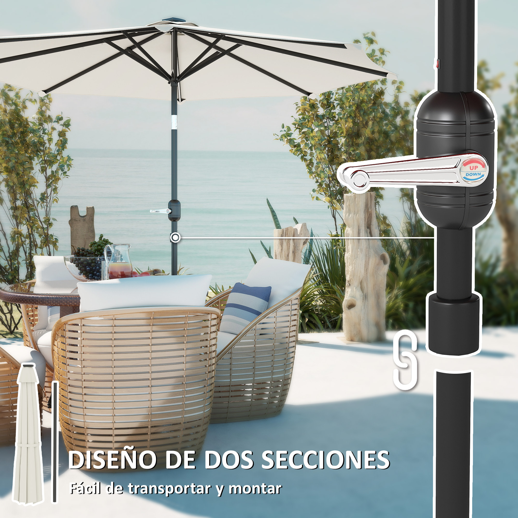 Sombrilla Terraza Exterior con Luces LED Solares Ø292x252 cm Sombrilla de Jardín con Inclinación Ajustable hasta 45° Impermeable y Manivela Parasol para Patio Piscina sin Base Crema