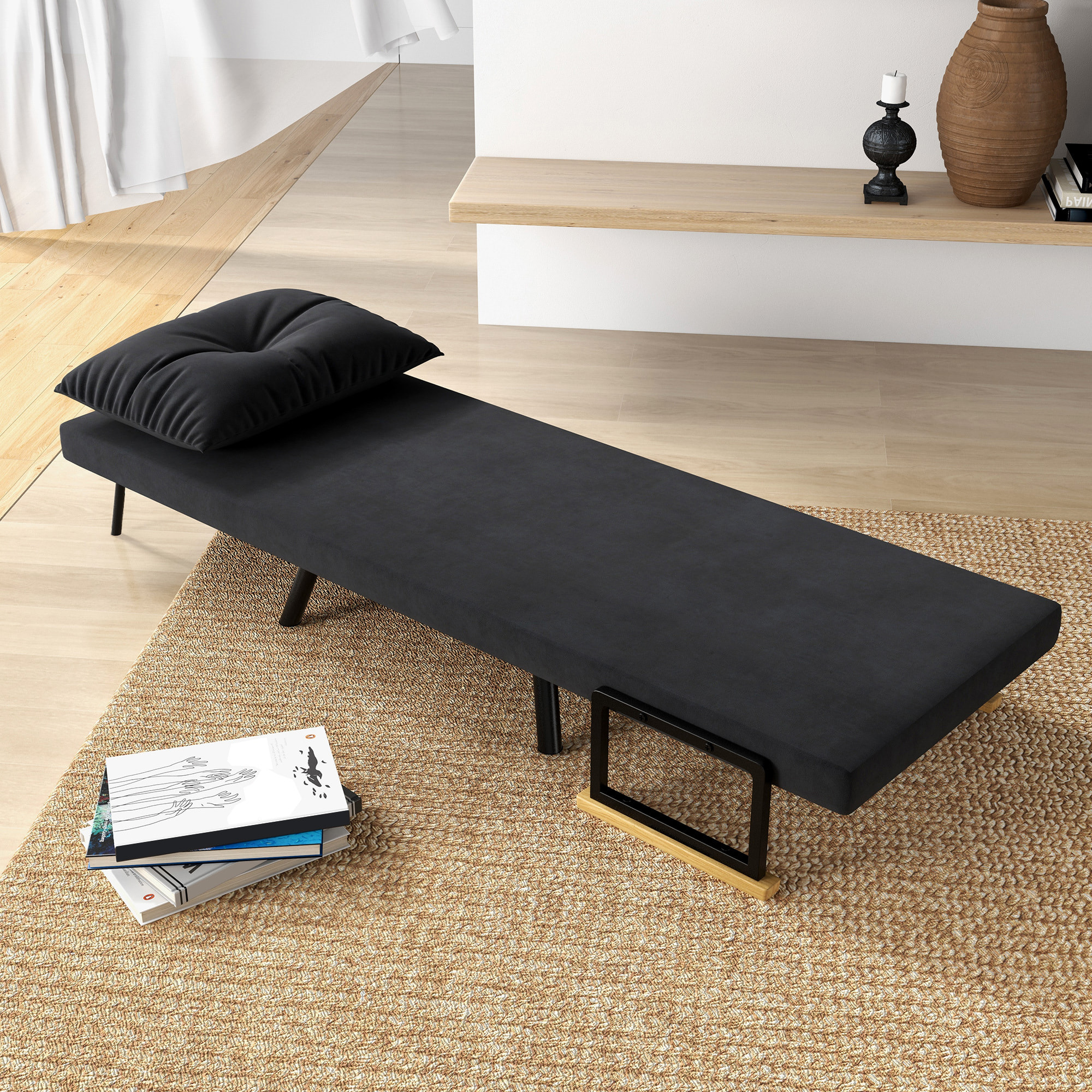Sofá Cama de 1 Plaza Sofá Cama Plegable Tapizado en Terciopelo con Respaldo Ajustable de 5 Niveles y Almohada Acolchada para Oficina Dormitorio Salón 63x73x81 cm Negro