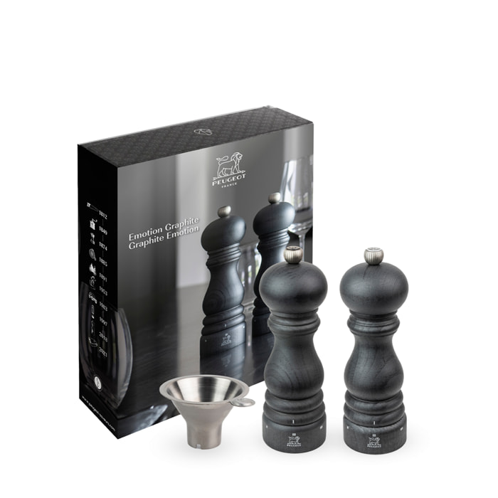 Duo de moulins à poivre et à sel Paris graphite u'Select 18 cm et entonnoir en inox en coffret cadeau Emotion Graphite