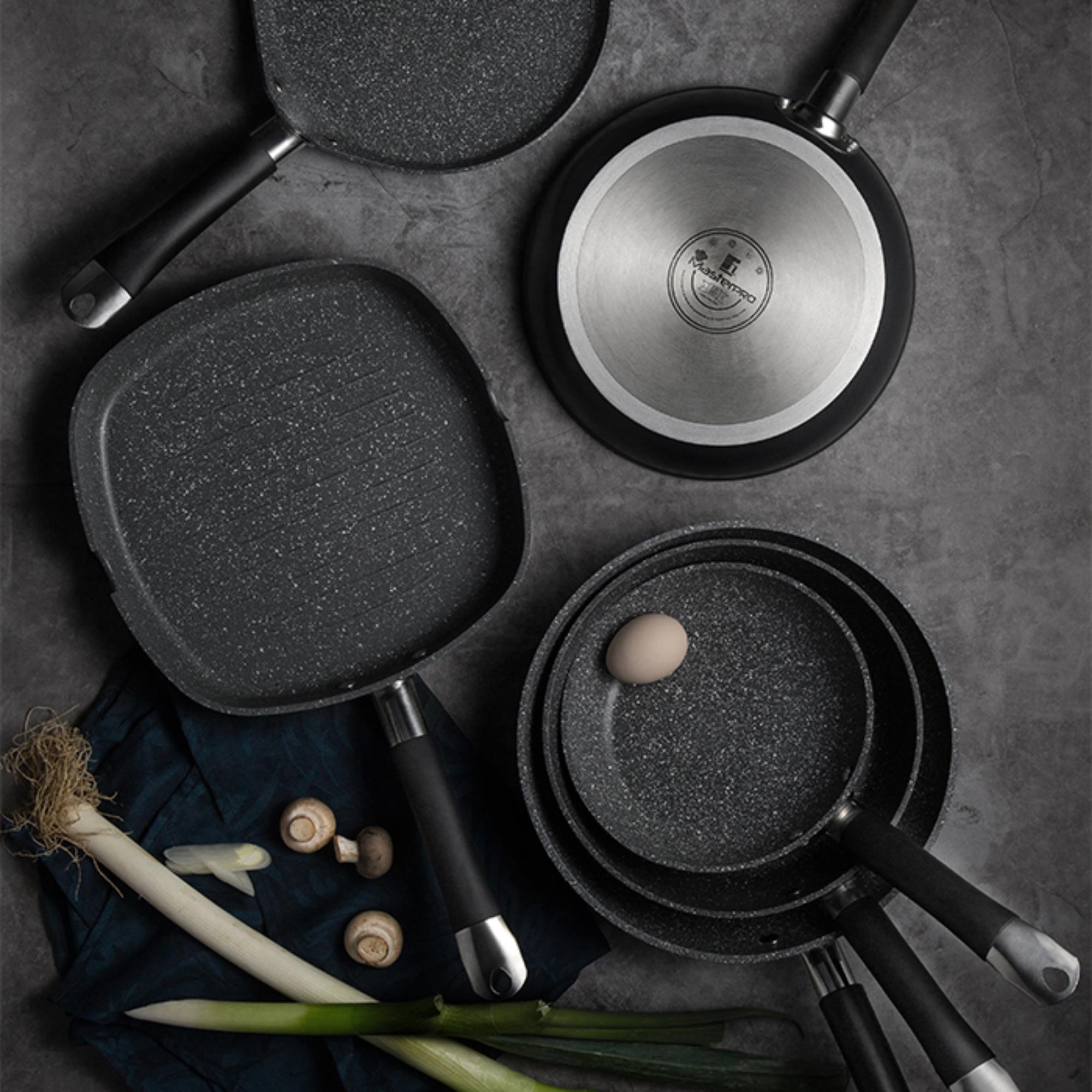 Juego de 2 Sartenes Ø20Ø24cm + Wok de Ø28cm + Sartén Grill 28x28x4,5cm en Aluminio forjado aptas para inducción color Gris MasterPRO