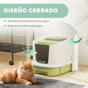 Arenero para Gatos Cubierto Caja de Arena para Gatos Arenero Cerrado con Entrada Frontal Salida Superior Tapa Removible Bandeja Extraíble y Pala 40,5x52,5x42,5 cm Blanco y Verde
