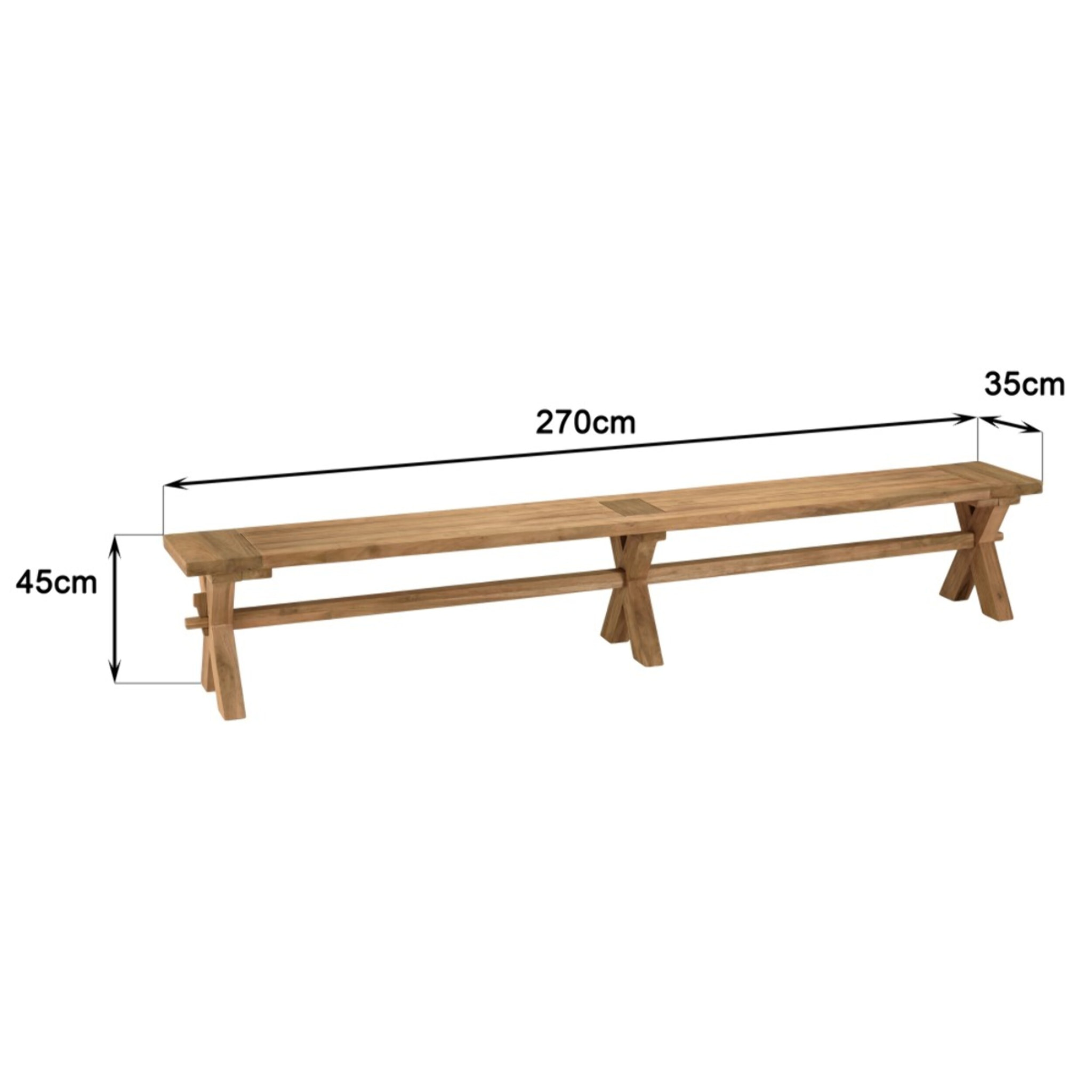 KALLY - Banc de jardin 270x35cm en bois teck recyclé pieds croisés