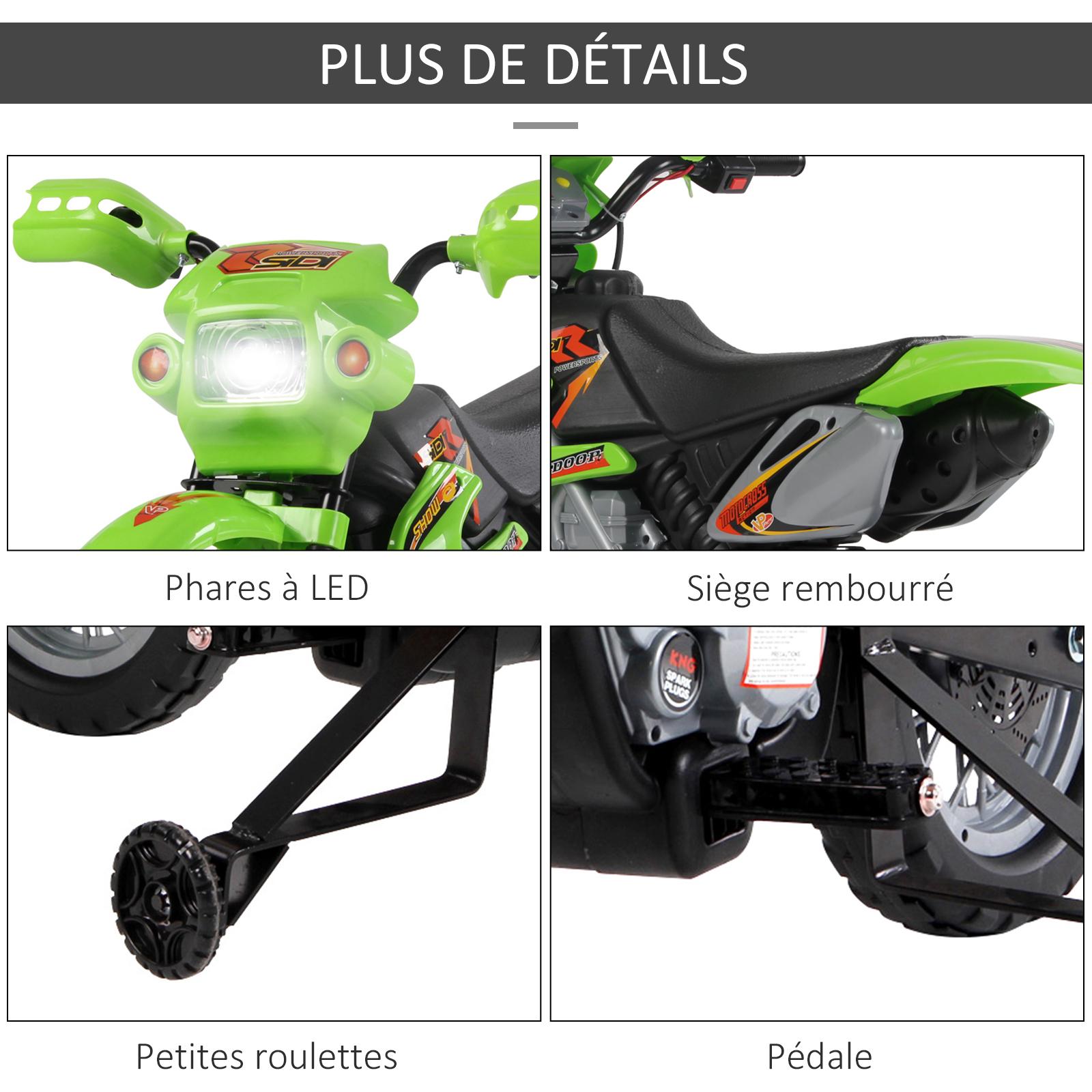 Moto Cross électrique enfant 3 à 6 ans 6 V phares klaxon musiques 102 x 53 x 66 cm vert et noir