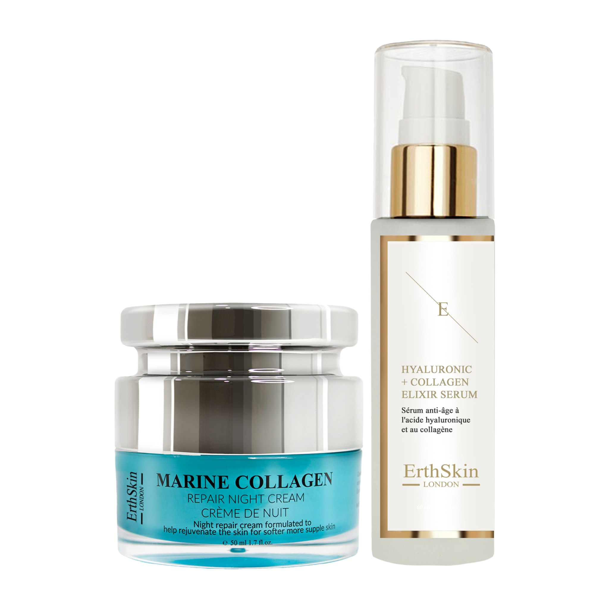 Sérum de ácido hialurónico y colágeno - 60 ml + Crema reparadora de noche con colágeno marino 50 ml