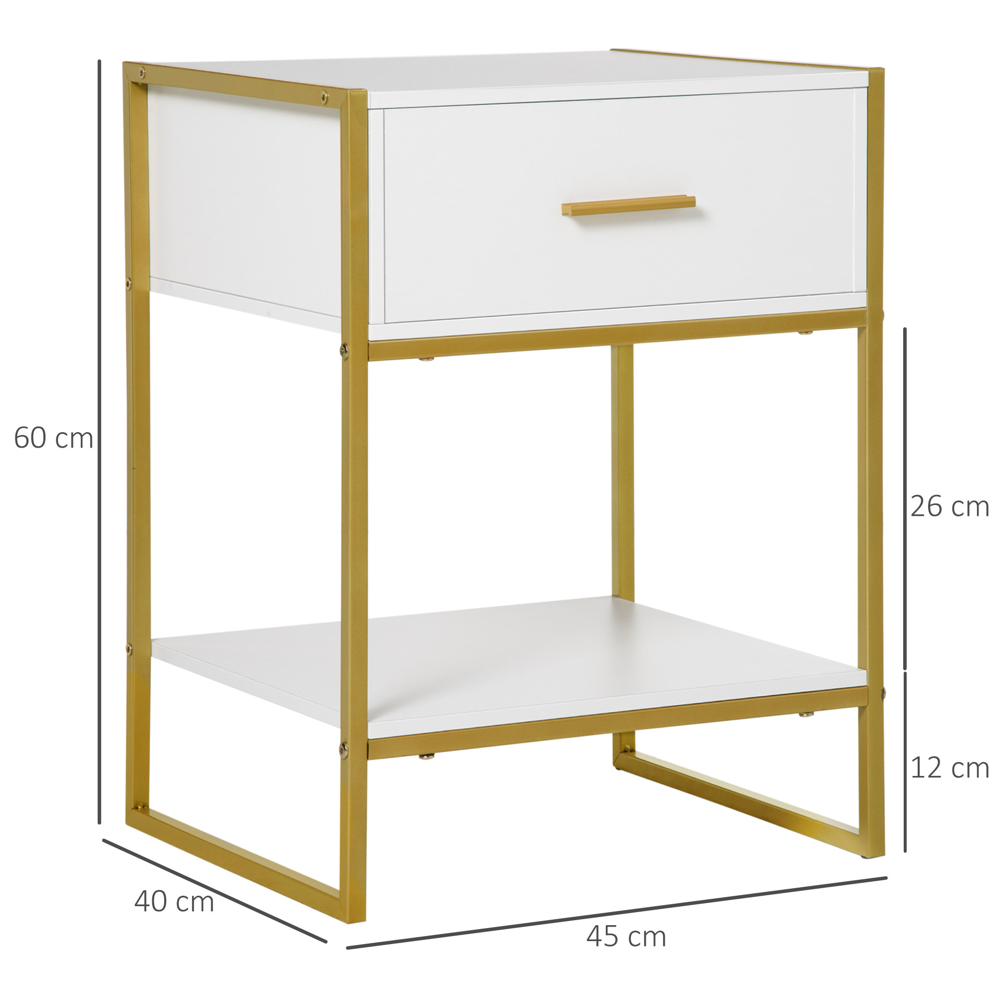 HOMCOM Mesita de Noche Mesa Auxiliar con 1 Cajón y Estante de Almacenamiento para Dormitorio Salón Cama Oficina Estilo Moderno 45x40x60 cm Blanco