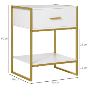 HOMCOM Mesita de Noche Mesa Auxiliar con 1 Cajón y Estante de Almacenamiento para Dormitorio Salón Cama Oficina Estilo Moderno 45x40x60 cm Blanco