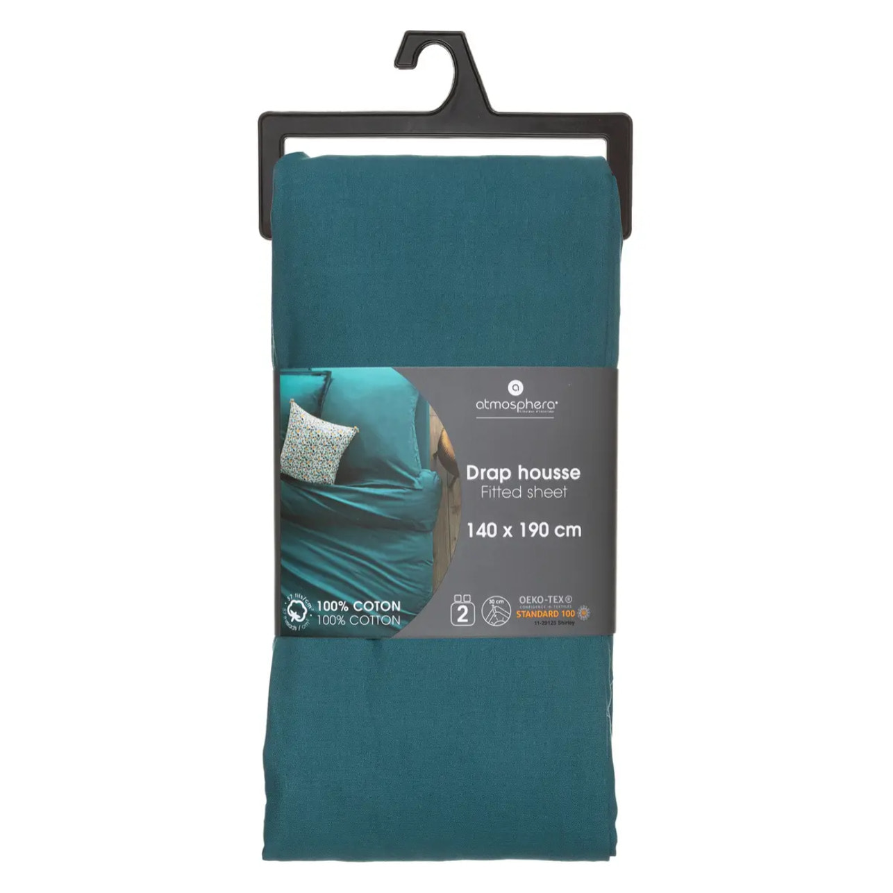 Drap-housse en coton - bleu canard - bonnet H30cm - 140x190 cm