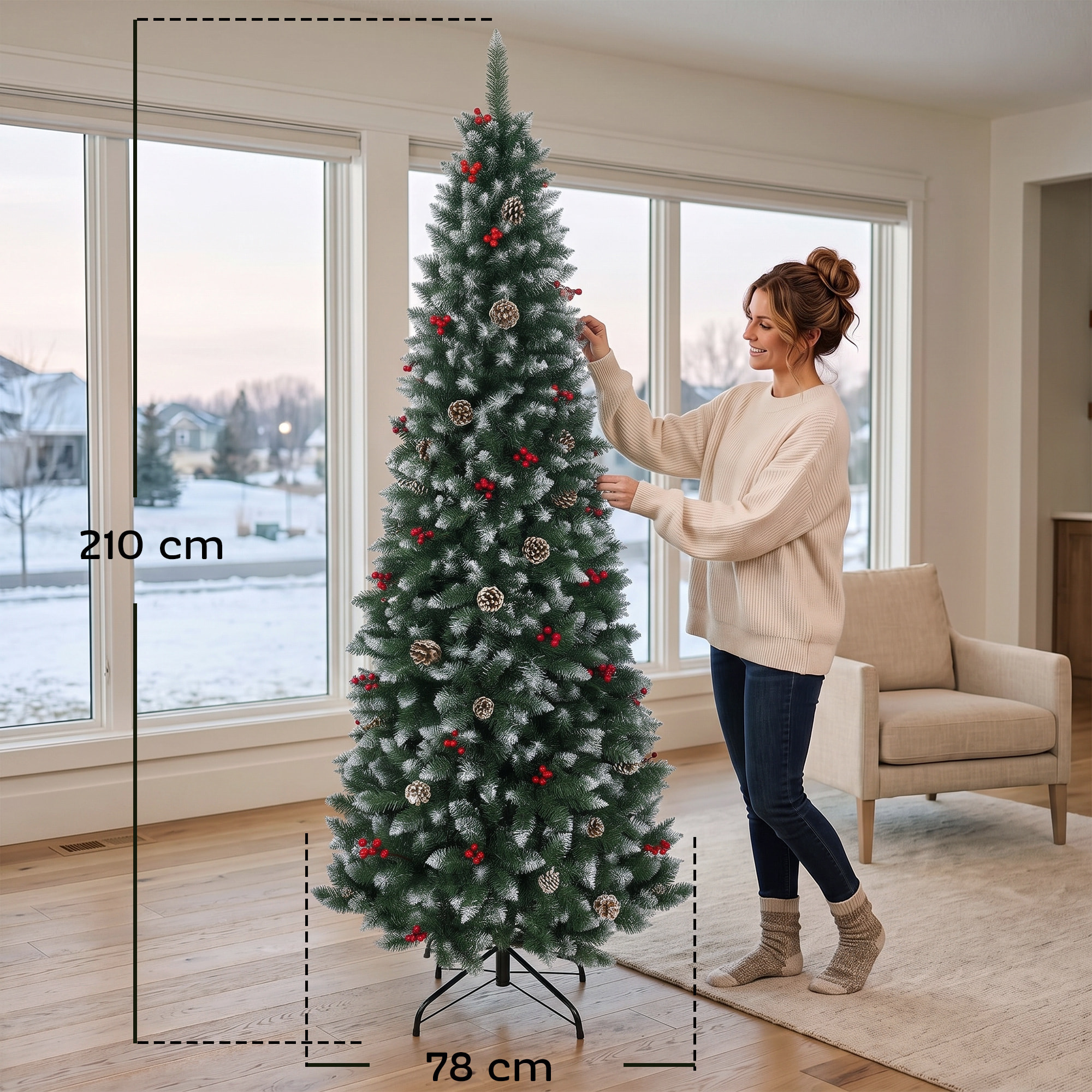 HOMCOM Árbol de Navidad Lápiz 210 cm, Árbol de Navidad Artificial Nevado con 818 Ramas, Bayas Rojas, Piñas, Base Metálica Plegable, Apertura Automática, Decoración Navideña para Salón, Interior, Verde