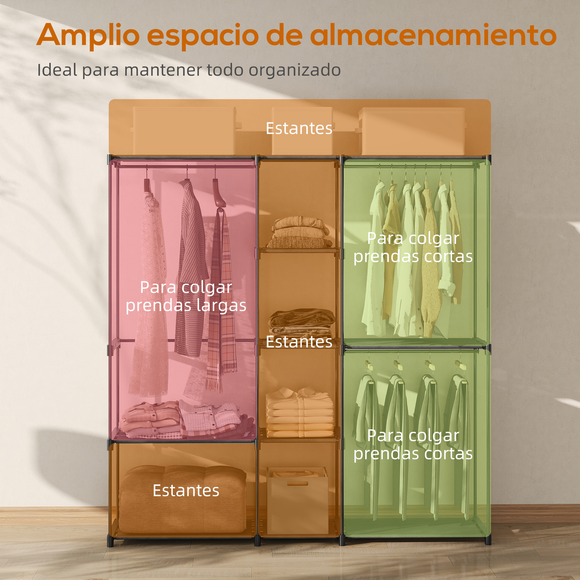 Armario de Ropa, Perchero, 182x43x185 cm, Armario Abierto con 8 Estantes de Tela, Barras para Colgar, Marco de Metal, para Dormitorio, Salón, Vestidor, Negro