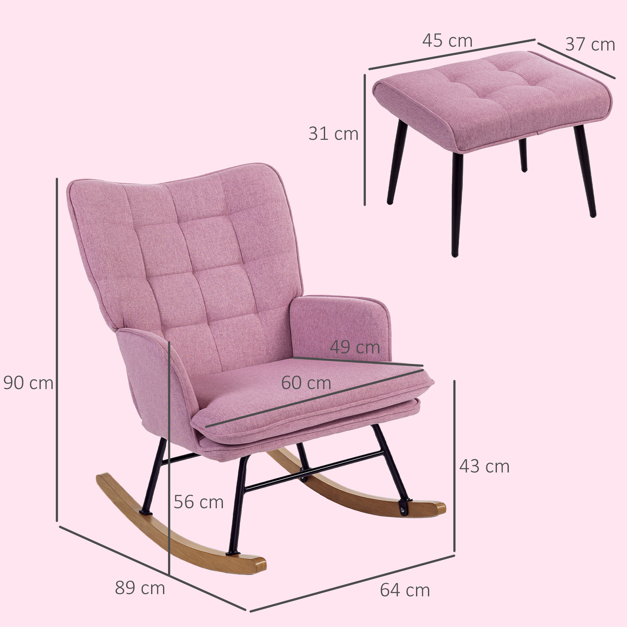 Silla Mecedora con Reposapiés, Sillón de Relax, con Cojín Acolchado, Respaldo Alto, Reposabrazos y Patas de Madera, Carga 130 kg, para Salón, Dormitorio, Rosa