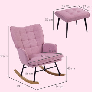 Silla Mecedora con Reposapiés, Sillón de Relax, con Cojín Acolchado, Respaldo Alto, Reposabrazos y Patas de Madera, Carga 130 kg, para Salón, Dormitorio, Rosa