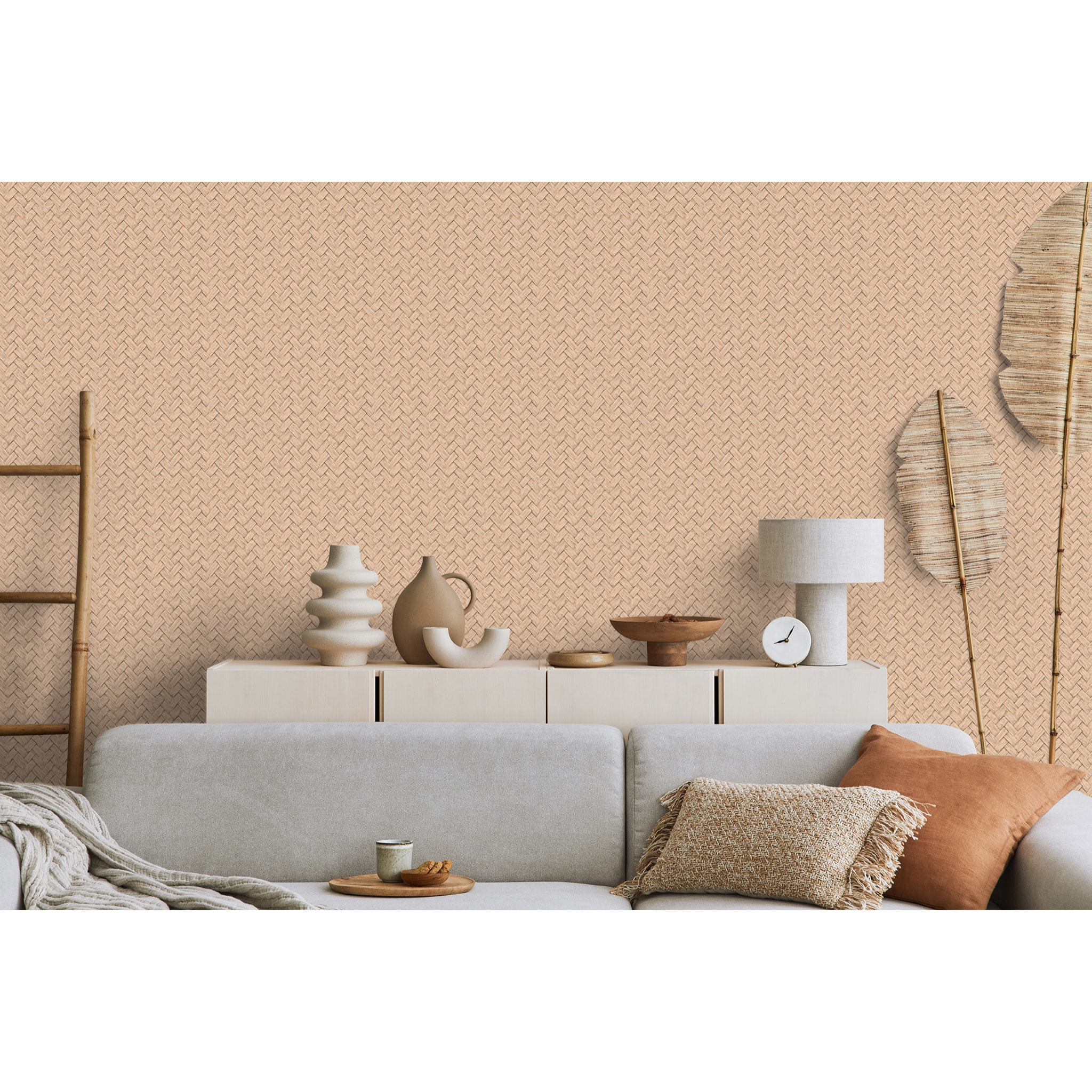 Papier peint effet vannerie tressée beige naturel