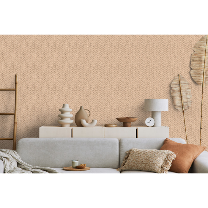 Papier peint effet vannerie tressée beige naturel