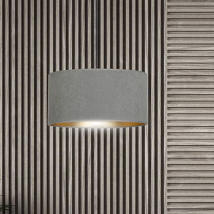 Lampada a sospensione Hilde con paralume in velluto grigio e interno oro