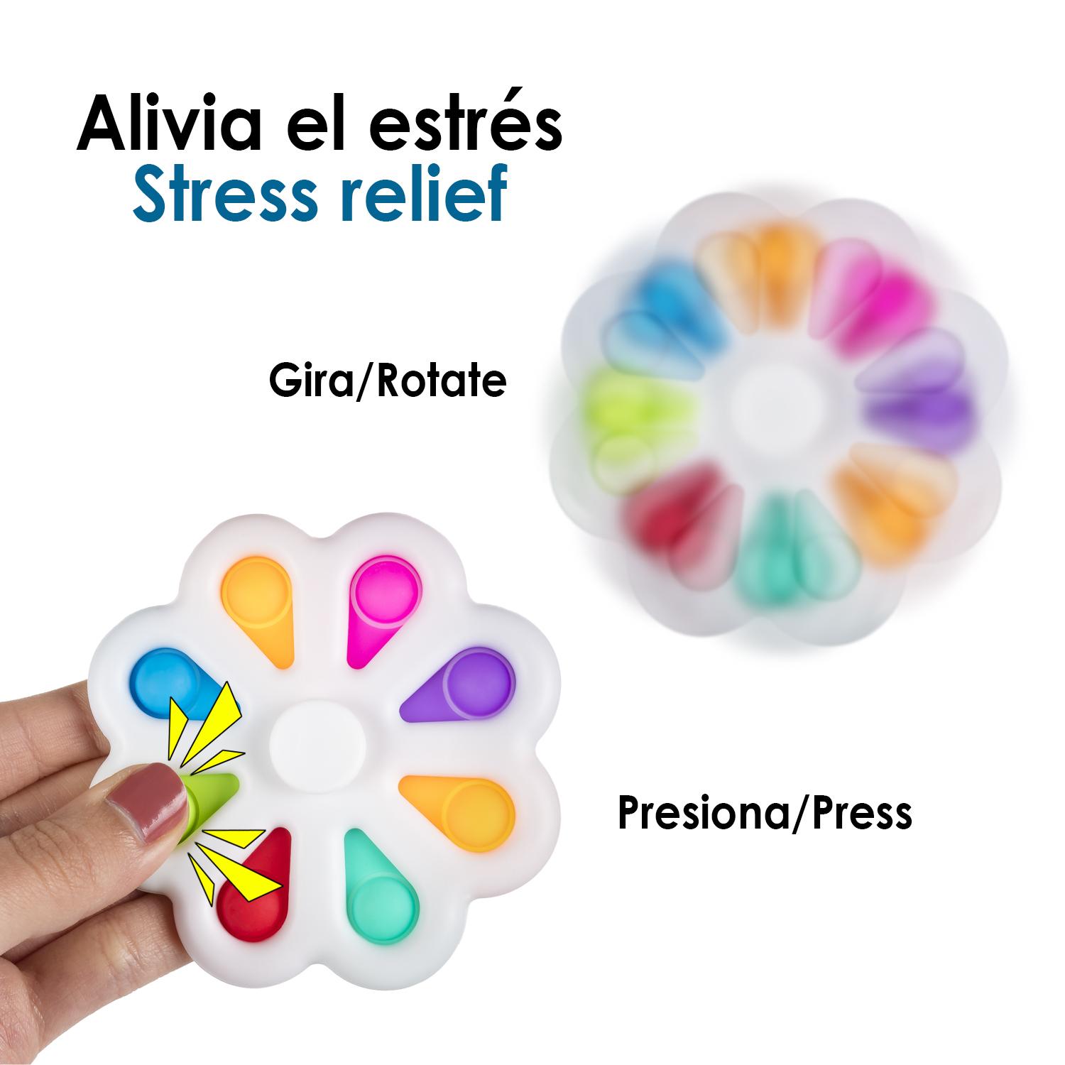 Esclusivo Bubble Pop It e Spinner, giocattolo sensoriale antistress, bolle di silicone da spremere e premere. Design floreale con petali interattivi e spinner centrale.