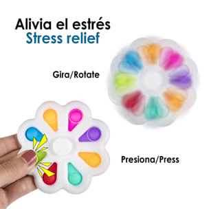 Esclusivo Bubble Pop It e Spinner, giocattolo sensoriale antistress, bolle di silicone da spremere e premere. Design floreale con petali interattivi e spinner centrale.