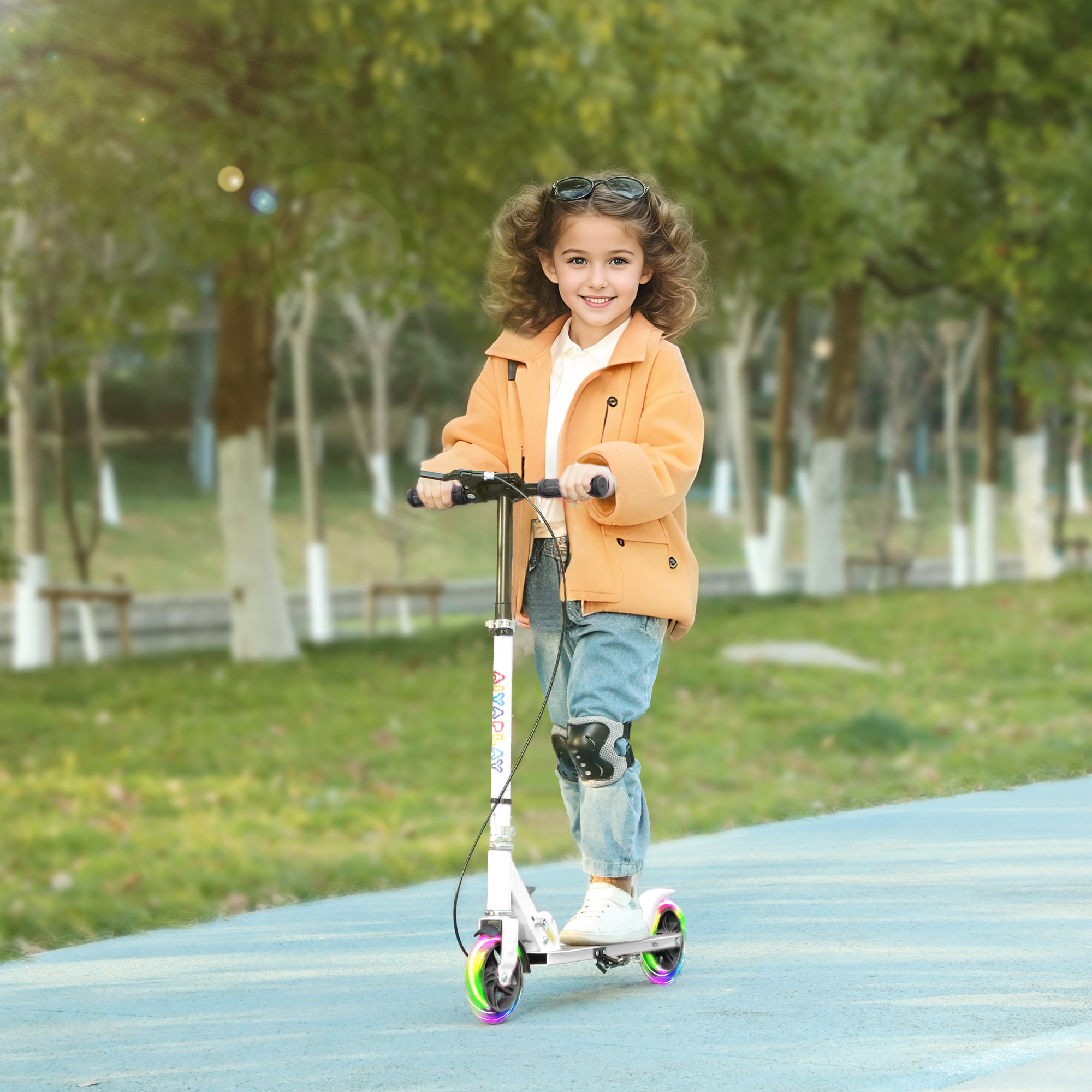 Patinete Plegable para Niños de 3-8 Años, Patinete Infantil de 2 Ruedas con LED Luces, Manillar de 4 Altura Ajustable, Freno Posterior y de Mano, Blanco