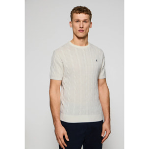 Jersey beige trenzado de manga corta con logo bordado