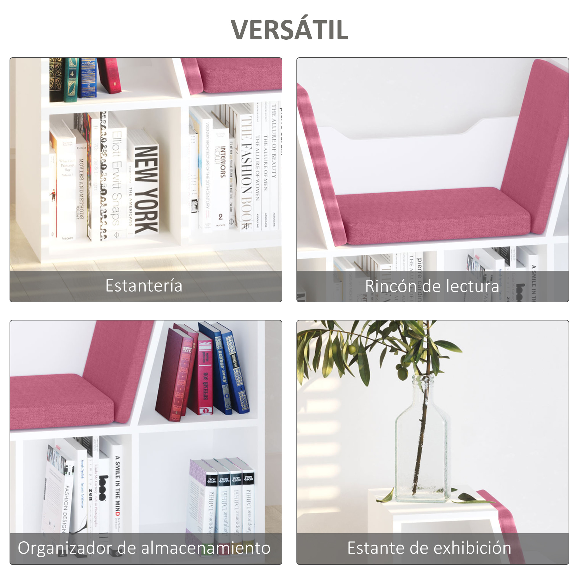 Librería con Asiento, Estantería de Libros con 6 Cubos, Estantería Almacenamiento con Banco con Cojín, Multiusos para Sala de Estar, Oficina, Dormitorio, 102x30x61cm, Blanco y Rosa