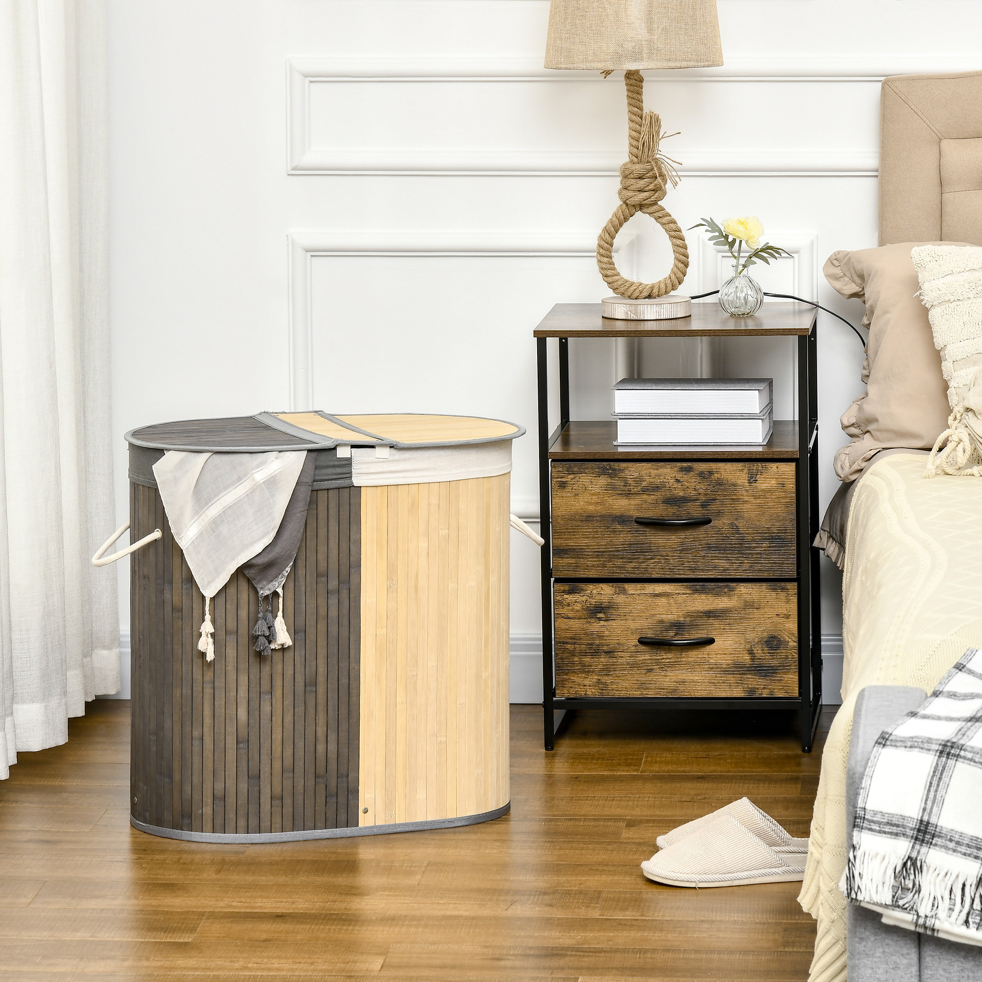 Cesto para Ropa Sucia de Bambú 100L con Tapa 2 Compartimentos 62,5x37x60,5 cm