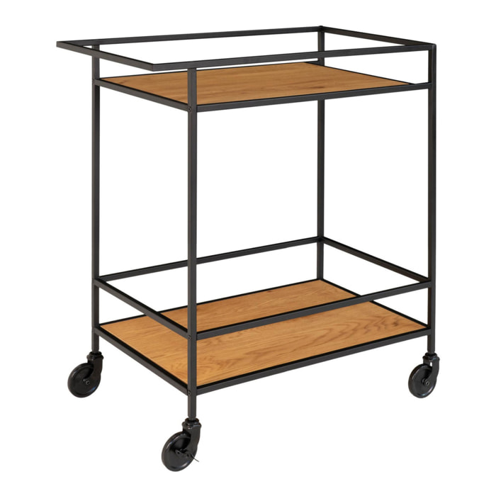 Carrello bar Vita a 2 ripiani effetto rovere con struttura in acciaio nero, 68×40×79 cm