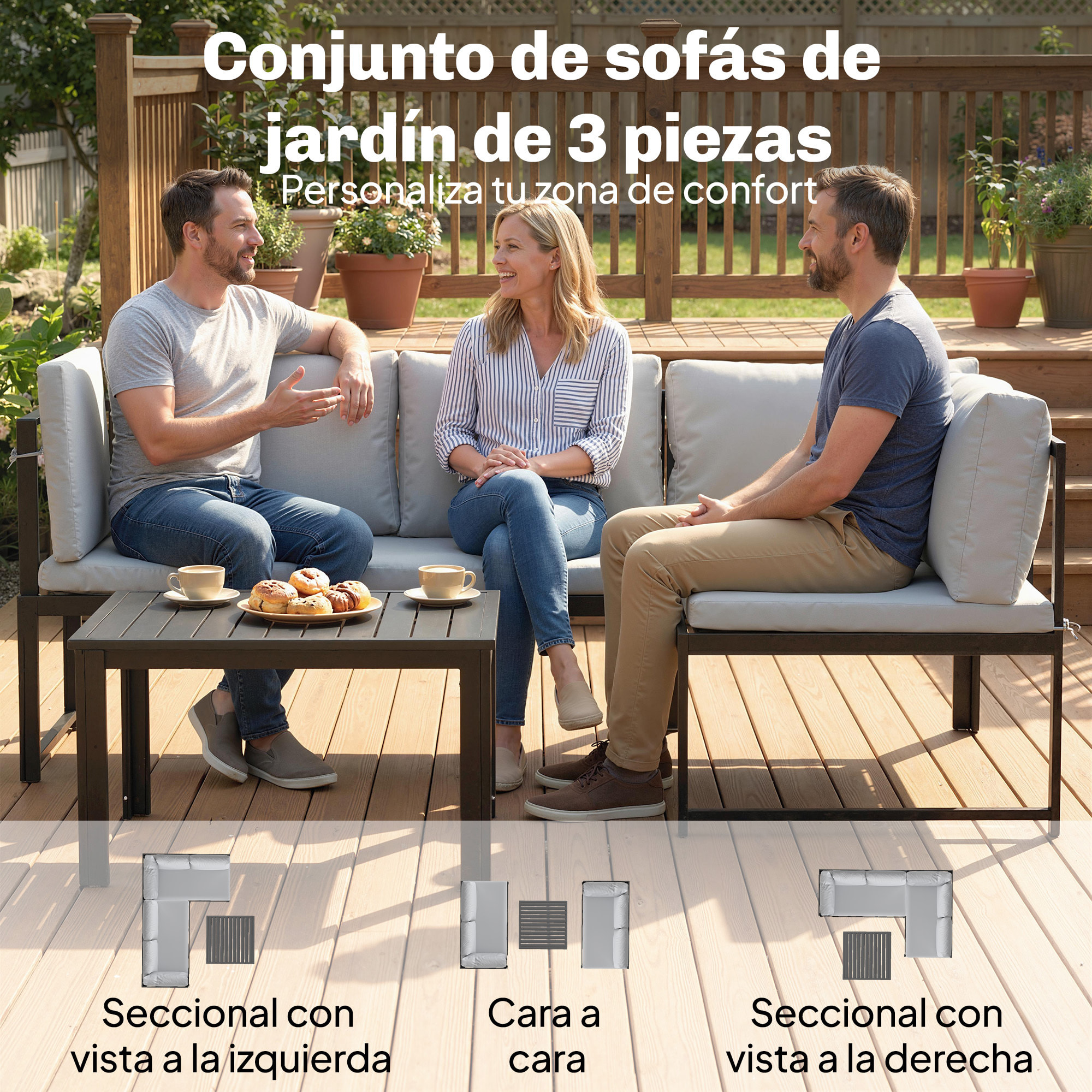 Conjunto de Muebles Jardín Exterior de 3 Piezas, Sofá Exterior Seccional Resistente Forma de L con Cojines, 2 Sofás de 2 Plazas, Reposabrazos Ajustables y Mesa Centro de Listones, Gris