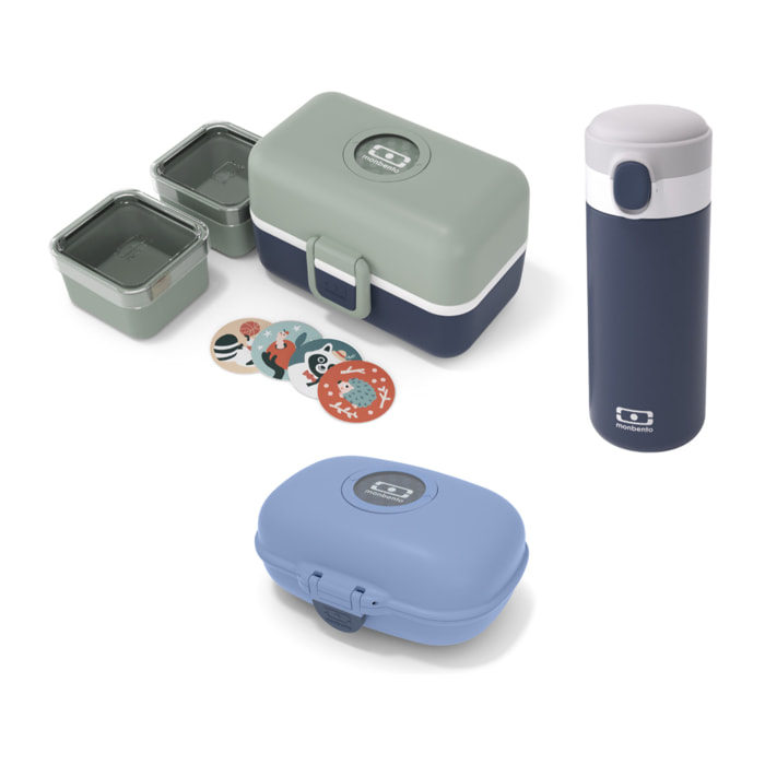Set lunch box et boite à goûter enfants vert/bleu + gourde isotherme