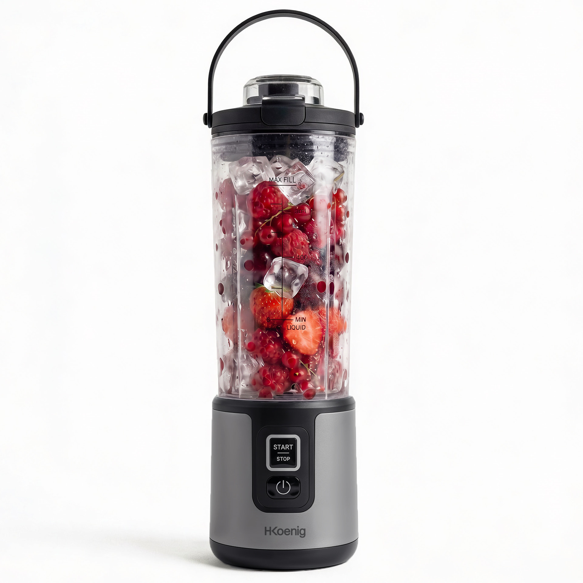 H.Koenig Mini Batidora Portátil MOOTH9 Recargable 470 mL, Batidora de Smoothies Inalámbrica 110W con 6 Cuchillas de Acero Inox, gris