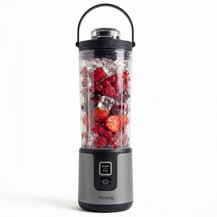 H.Koenig Mini Batidora Portátil MOOTH9 Recargable 470 mL, Batidora de Smoothies Inalámbrica 110W con 6 Cuchillas de Acero Inox, gris
