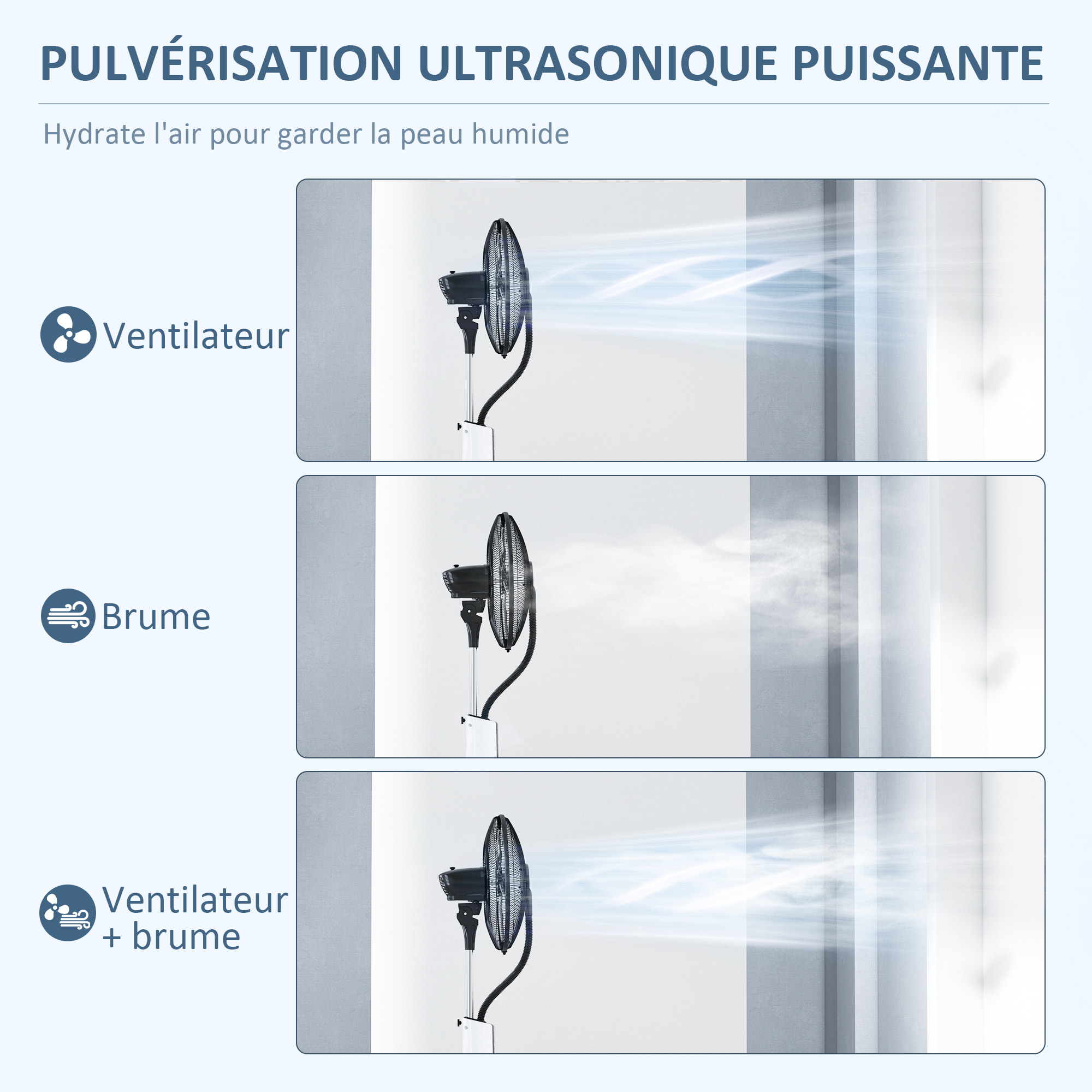 Ventilateur brumisateur oscillant inclinable sur pied roulettes 90W H.125 cm avec télécommande