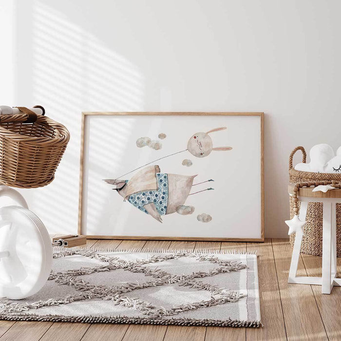 Affiche enfant oiseau heros  Affiche + cadre en bois - Chêne