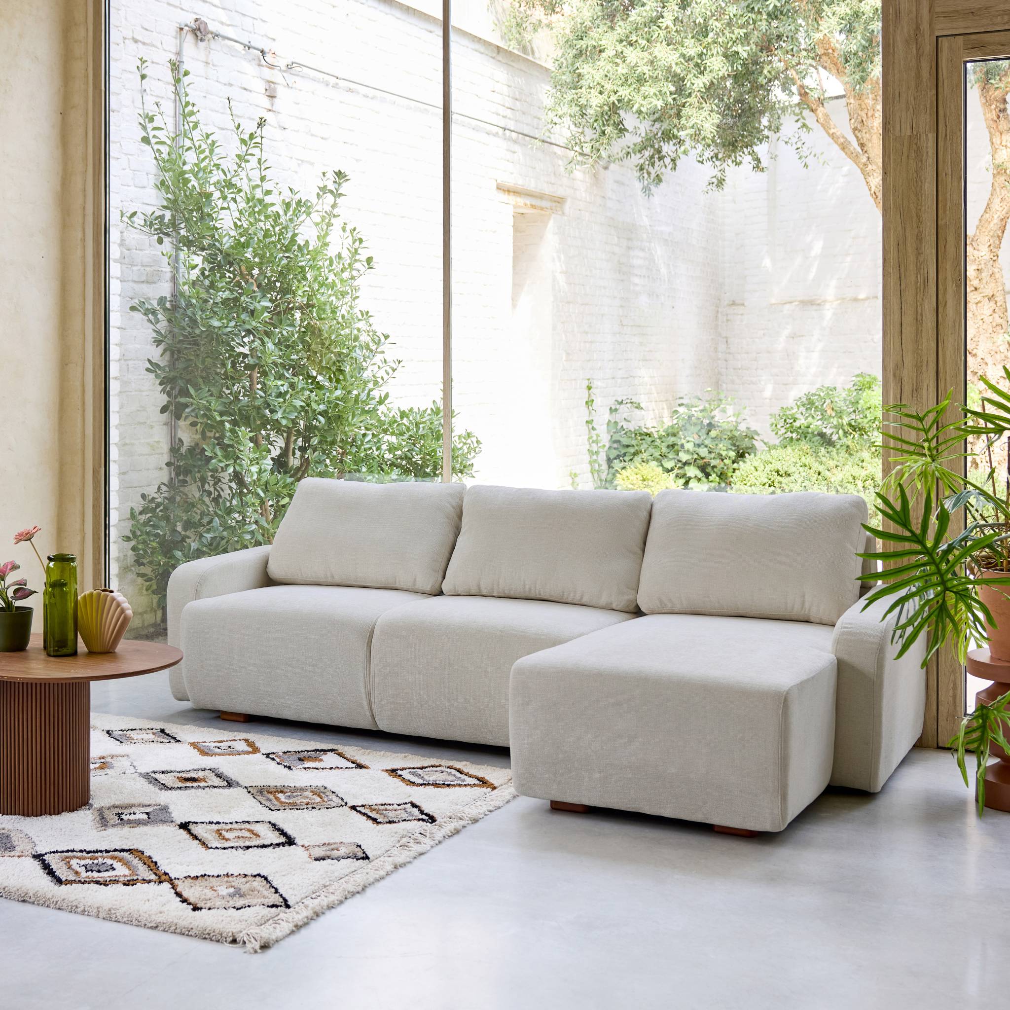 Canapé d'angle droite 3 places tissu gris clair L 260 x P 88 / 139cm / x H 87cm - Dany