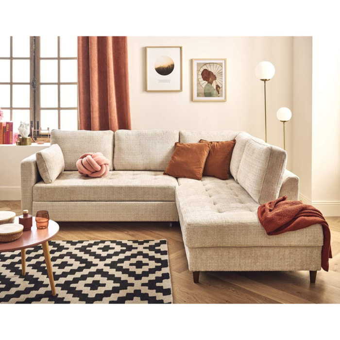 Anna - canapé d'angle droit 5 places convertible en velours texturé - Beige