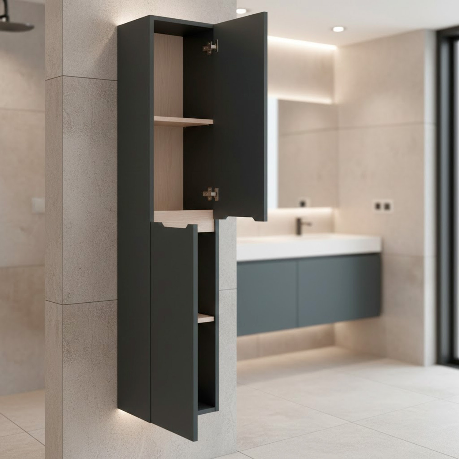 Colonna Da Bagno Sospesa Con 2 Ante E 2 Mensole Regolabili Mobile Alto In Melaminico Con Chiusura Assistita 135 x 31 x 26 Cm Grigio Antracite E Rovere