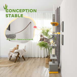 Arbre à chat cactus du sol au plafond - H. réglable 230-275 cm - 6 niv. équipement multiple - gris