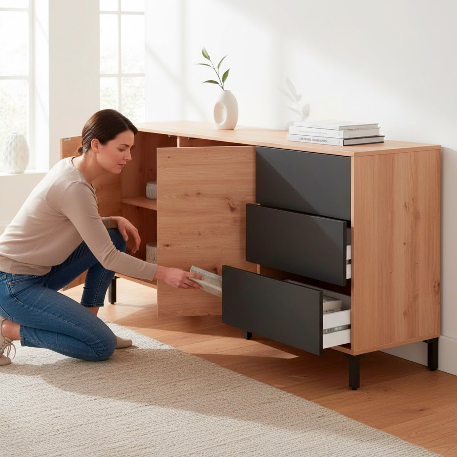 Credenza Industriale Moderna Con 2 Ante E 3 Cassetti Madia Mobile Contenitore Salvaspazio Soggiorno Sala Pranzo 74x154x41 Cm Rovere e Grigio Antracite