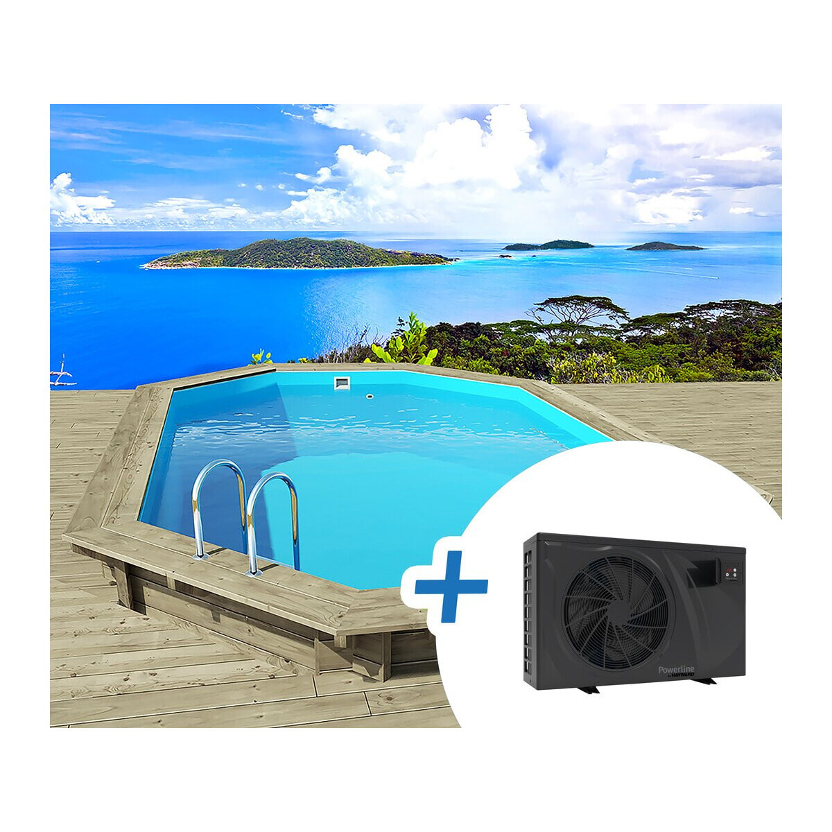 Piscine bois " Palma 145 " 7.57 x 4.07 x 1.44 m + Pompe à chaleur pour piscine 6 kw/h inverter "PowerLine by Hayward" - Noir