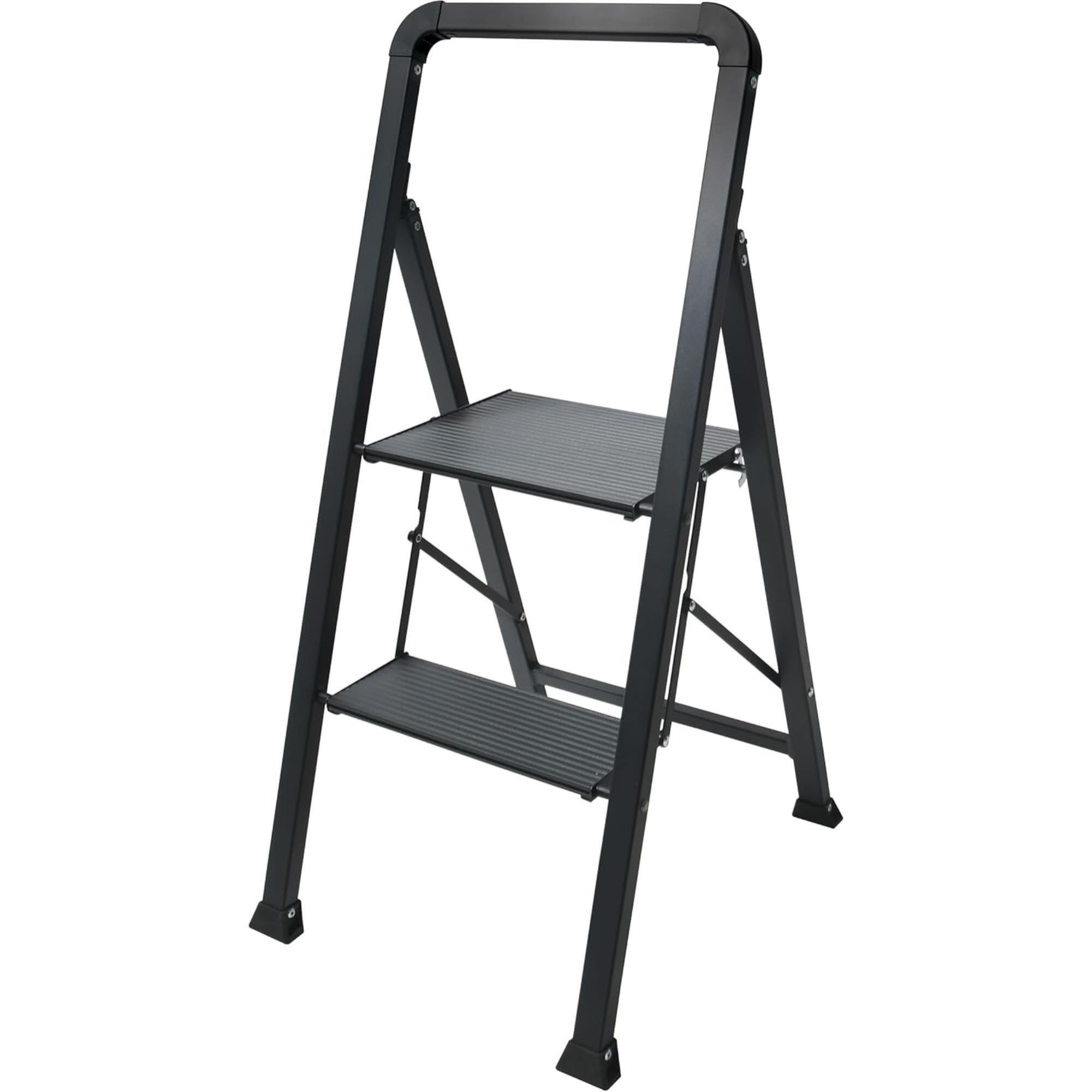 Escalera plegable con 2 escalones en Acero de color negro - Ligera y segura de 47,5x42,5x85cm