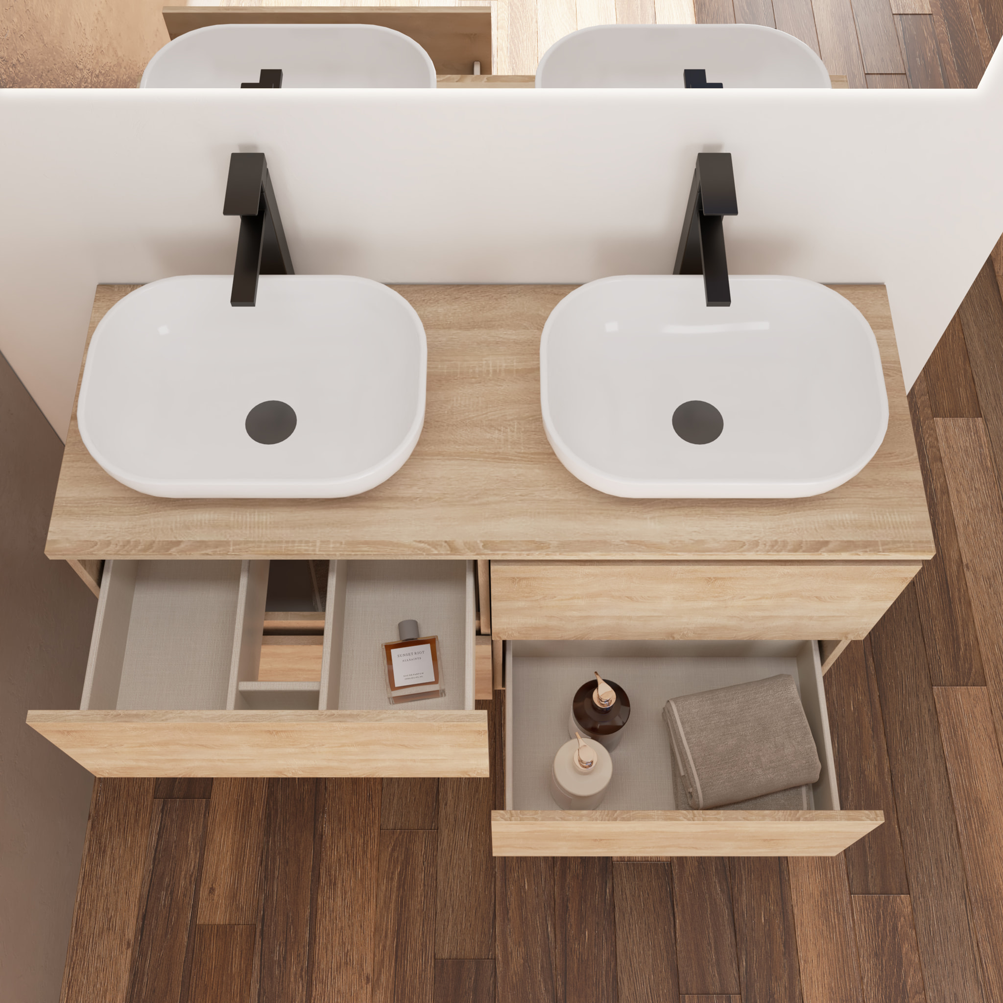 Ensemble Salle de Bain Kaji | Meuble Suspendu | 141 cm Bardolino | 4 Tiroirs | Lavabo sur Plan | N'inclut pas Miroir | Alday