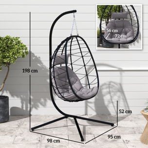 Silla Colgante Huevo con Soporte Columpio Jardín Exterior con Cesta Plegable Cojín y Reposacabezas Columpio Colgante para Interior y Exterior Carga 120 kg Gris