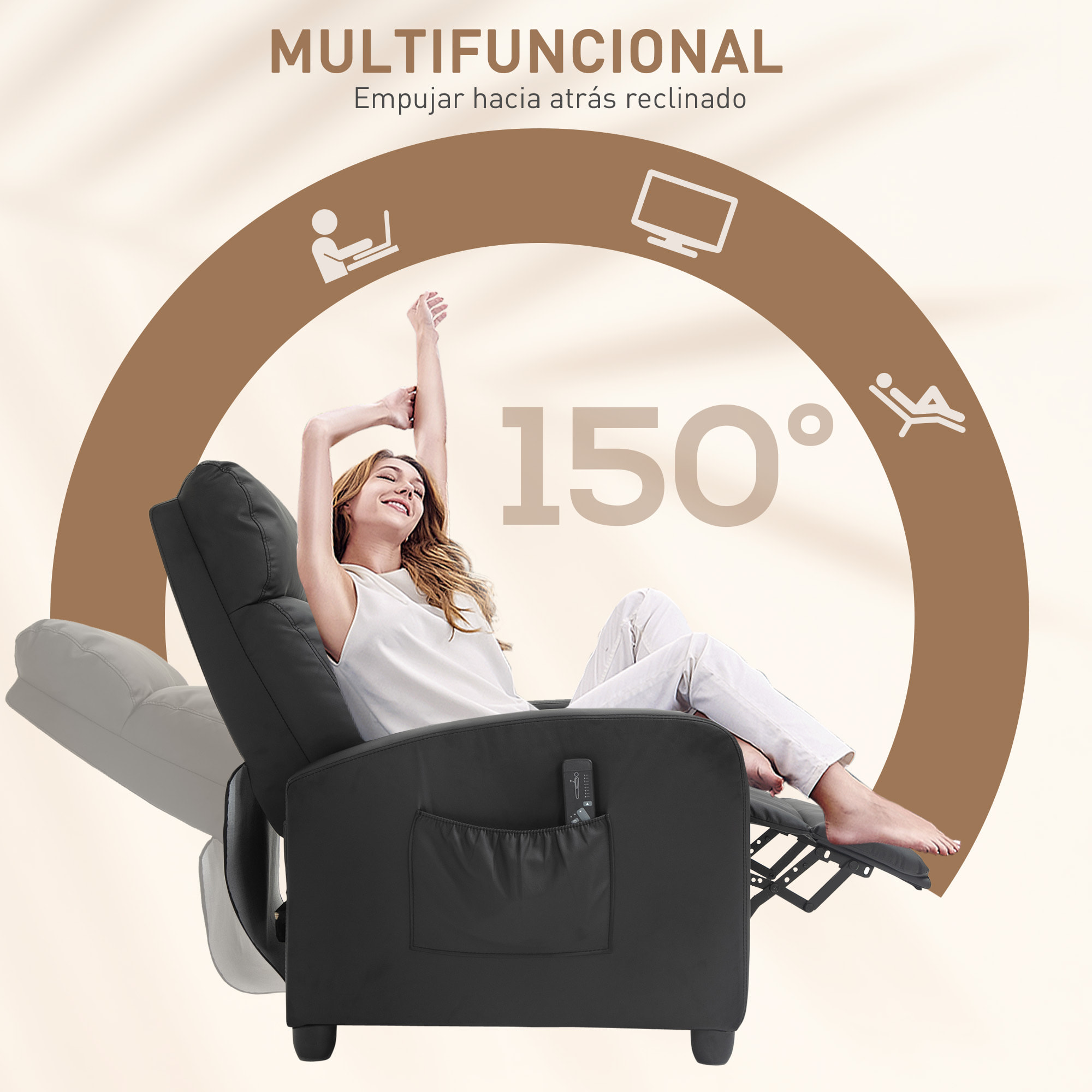 Sillón de Masaje Sillón Relax Reclinable con Mando a Distancia 2 Zonas de Masaje 8 Programas 5 Niveles de Intensidad 1 Bolsillo Lateral y Temporizador Tapizado en PU 68x88x98 cm Negro