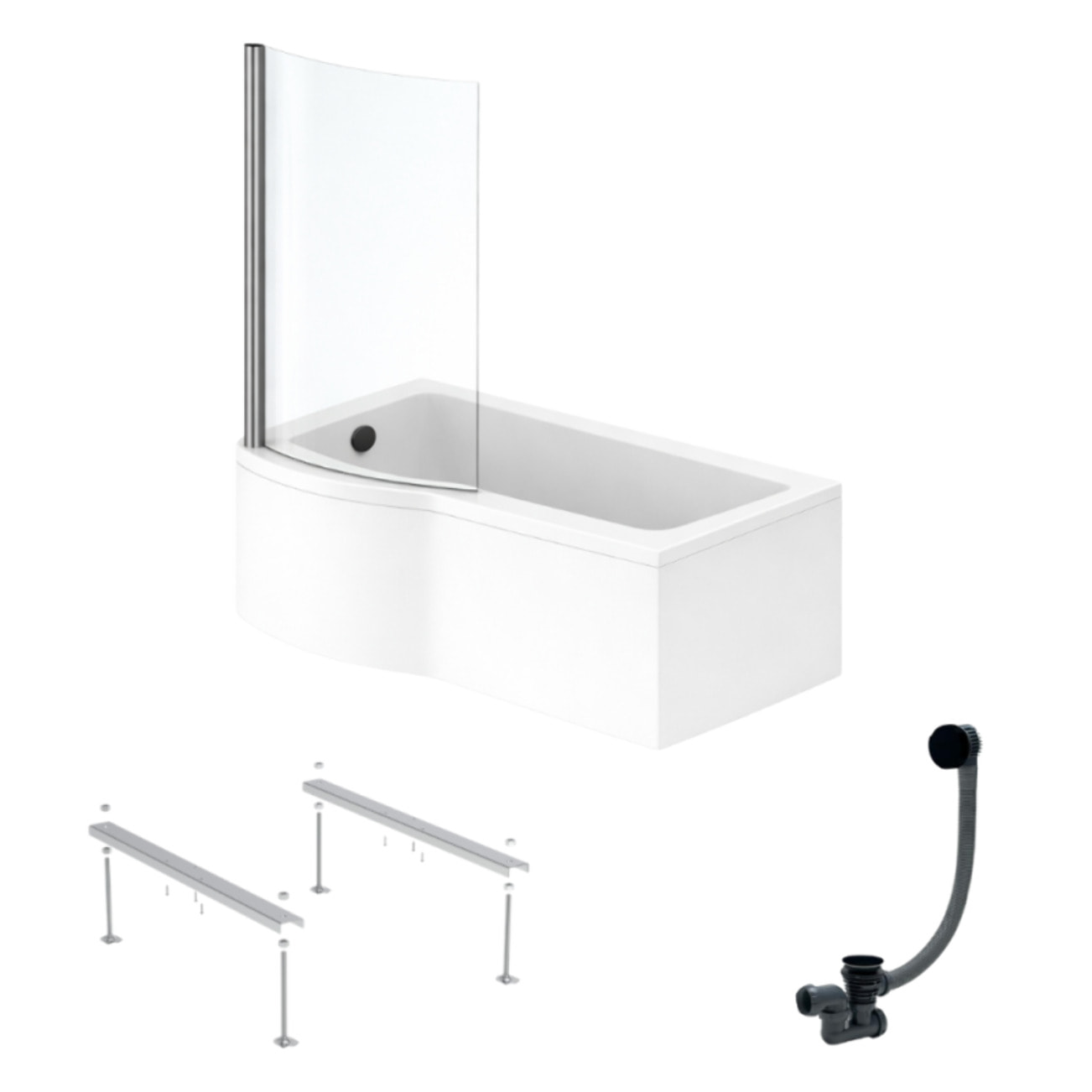 Pack baignoire bain douche 150 x 80 cm gauche Connect Air + tablier + pare bain fixe  + pieds + vidage Noir mat