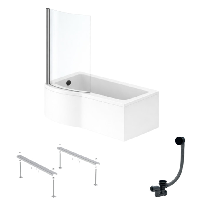 Pack baignoire bain douche 150 x 80 cm gauche Connect Air + tablier + pare bain fixe  + pieds + vidage Noir mat