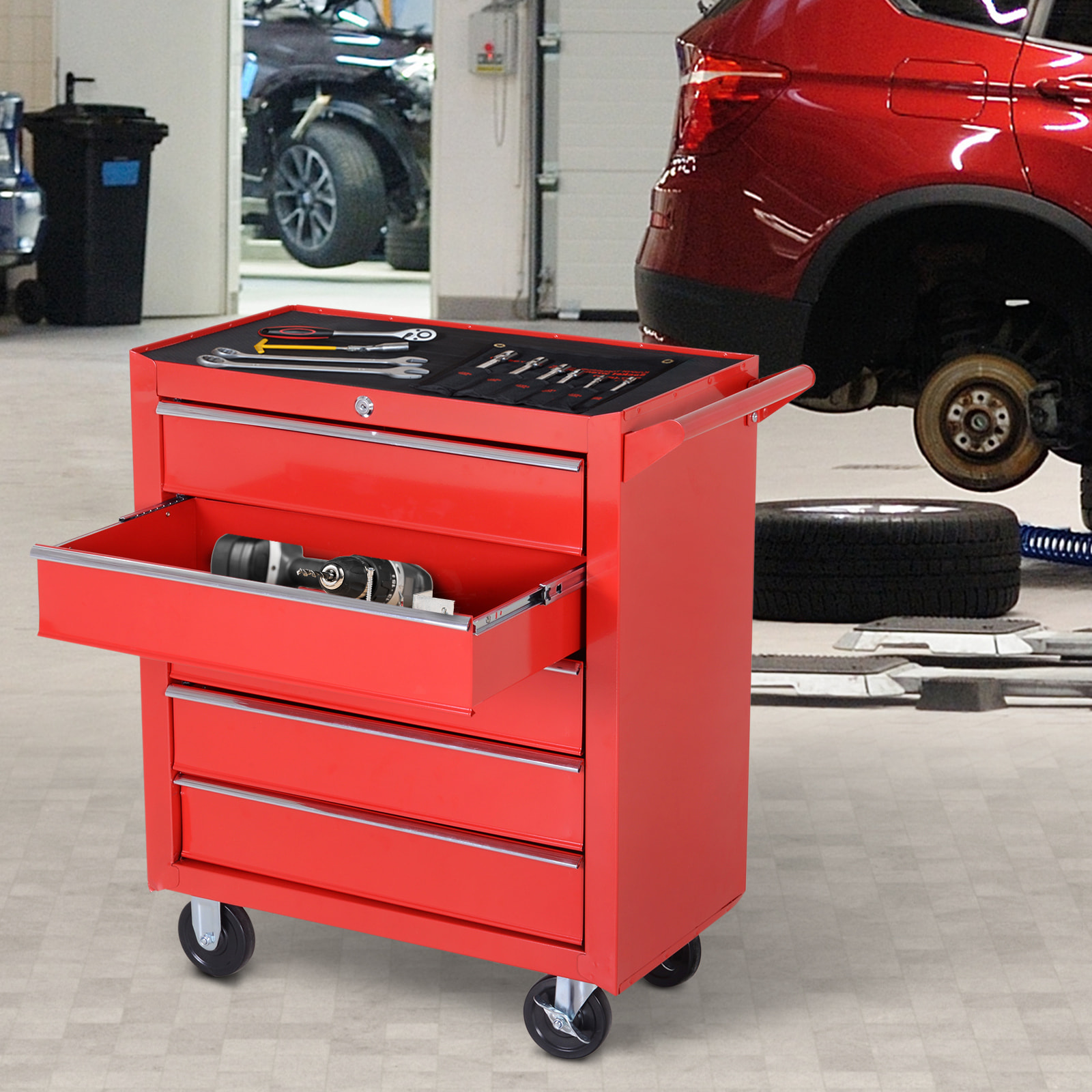 Caja Taller Carro de Herramientas con Ruedas Cerradura tipo Mueble de Almacenamiento para Taller Garaje y Hogar Chapa de Acero 69x33x75 cm Rojo