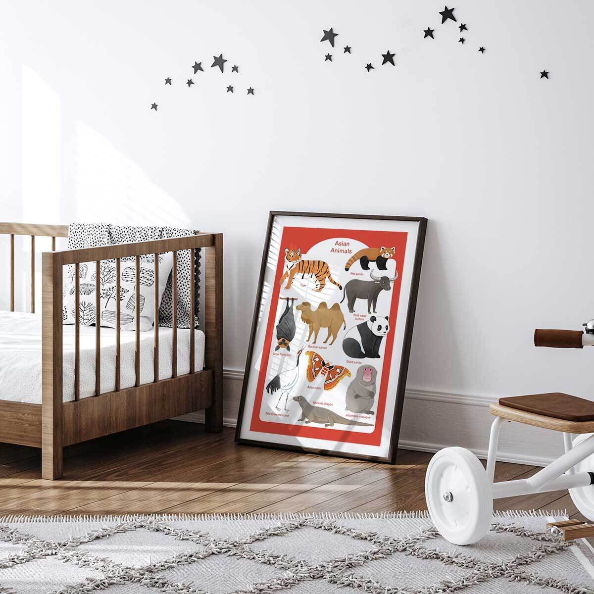 Affiche enfant animaux d' asie  Affiche sous cadre noir