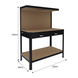Banco Tavolo Da Lavoro 3 Livelli 120 x 60 Cm Max 370 Kg Cassetto Parete Pannello Forato Porta Attrezzi Utensili Garage Officina Cantina Magazzino Nero