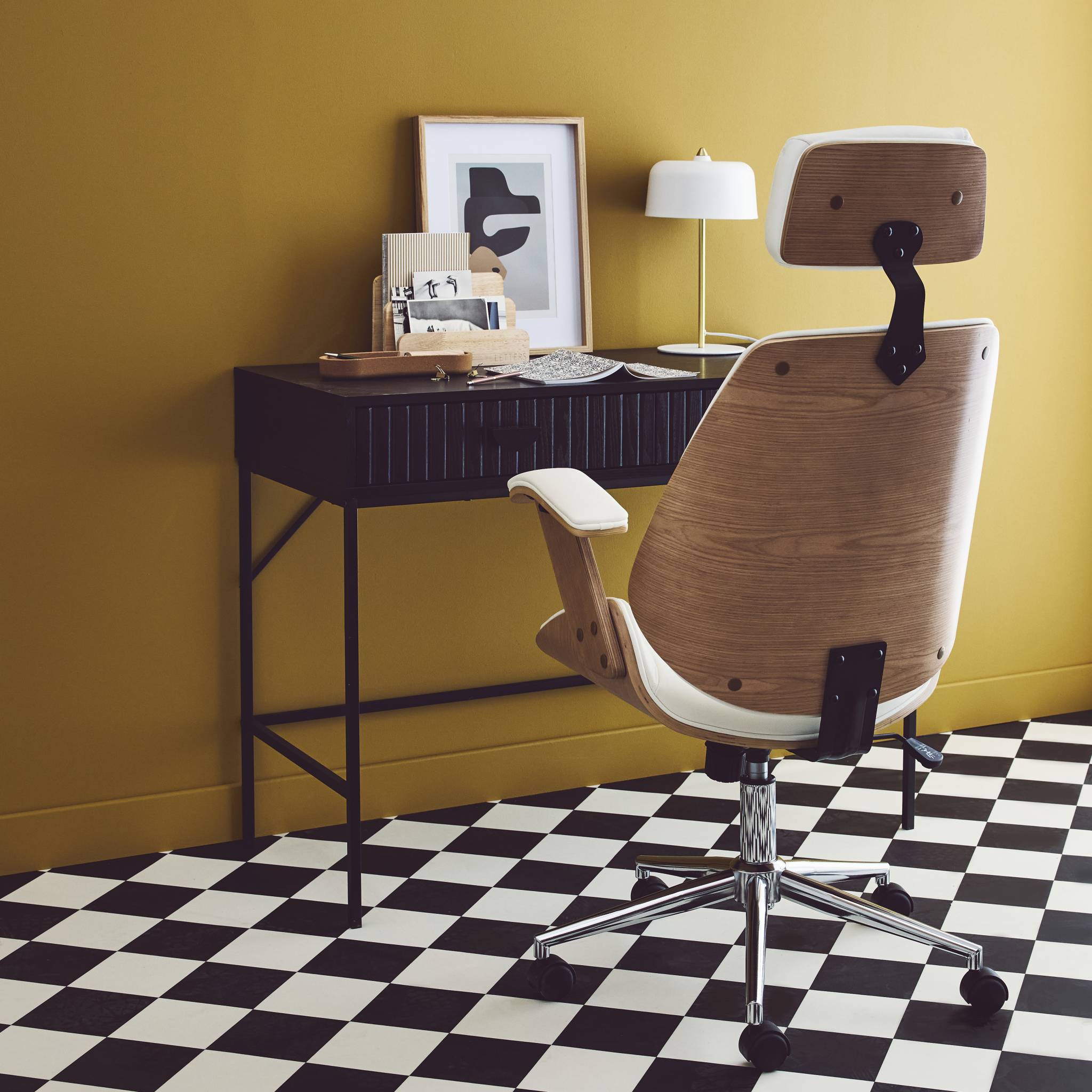 Chaise de bureau à roulettes décor bois courbé placage effet chêne et simili cuir blanc