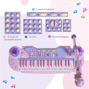 HOMCOM Pianola per Bambini con Sgabello e Microfono, 12 Strumenti e 22 Musiche, Registrazione, MP3 e Karaoke, Rosa