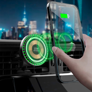 Caricatore per auto Magsafe da 15 W con luci LED ambientali. Per presa d'aria, rimovibile per utilizzo da tavolo.