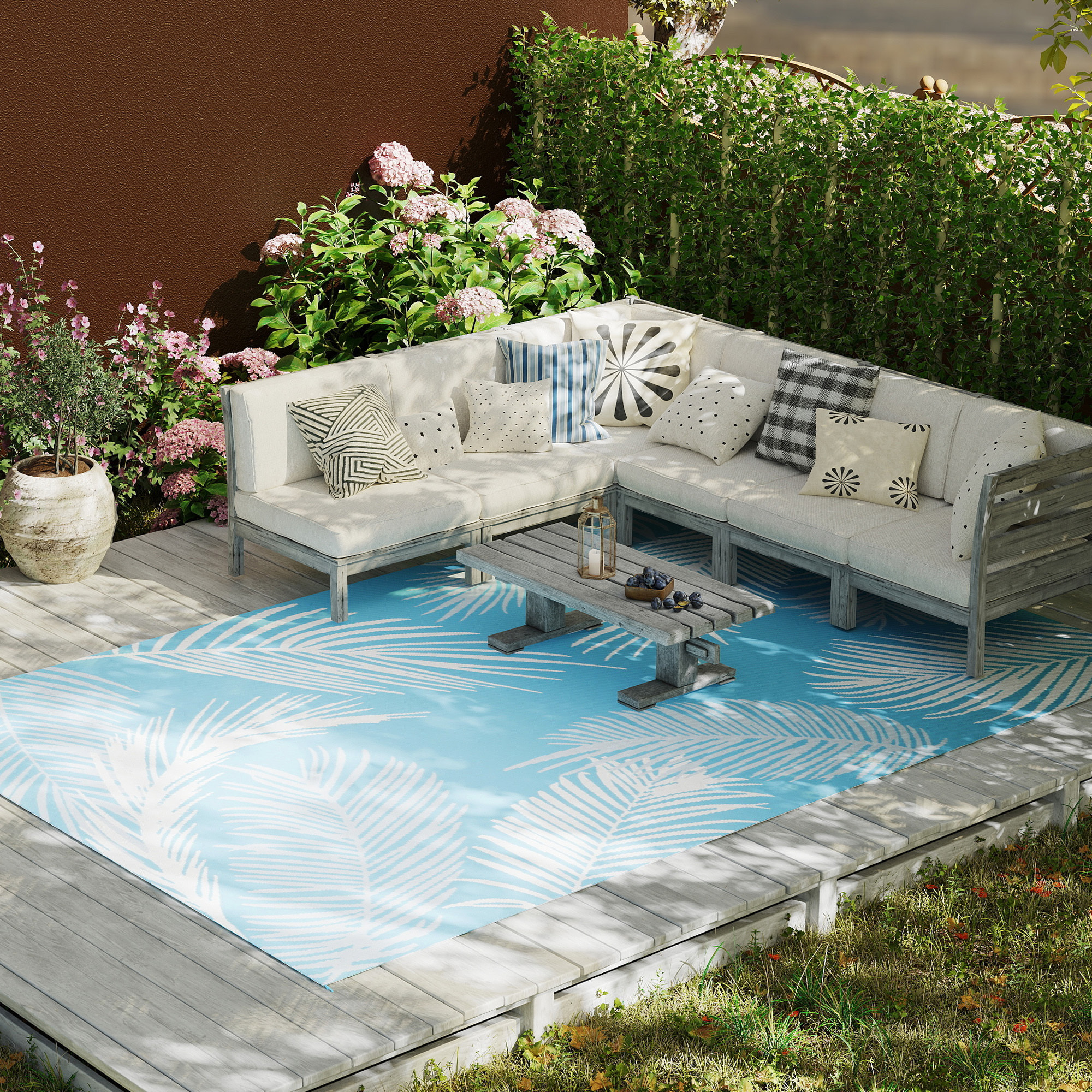 Tapis d'extérieur réversible 274x182 cm motif végétal bleu clair blanc